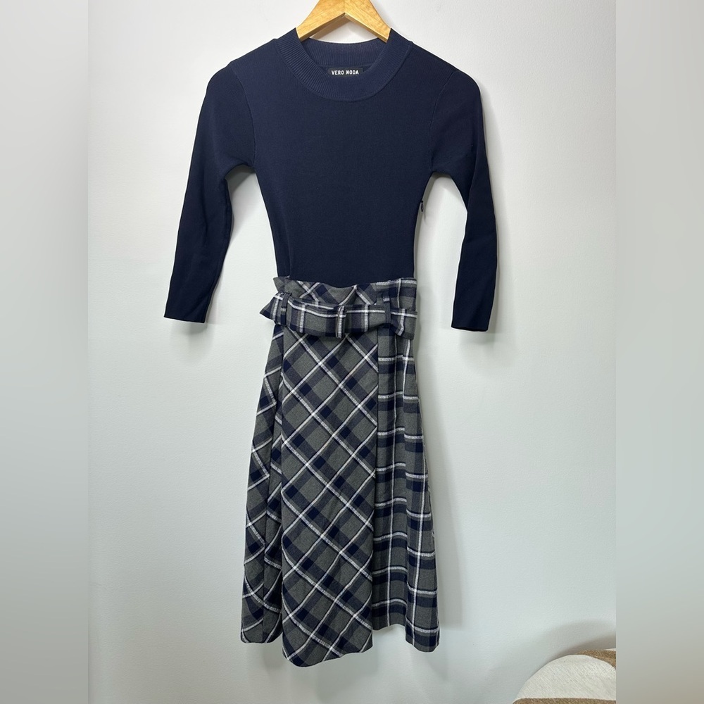 Vero Moda Women Checkered Fit And Flared Casual Dress, Navy Blue xs - Picture 6 of 10